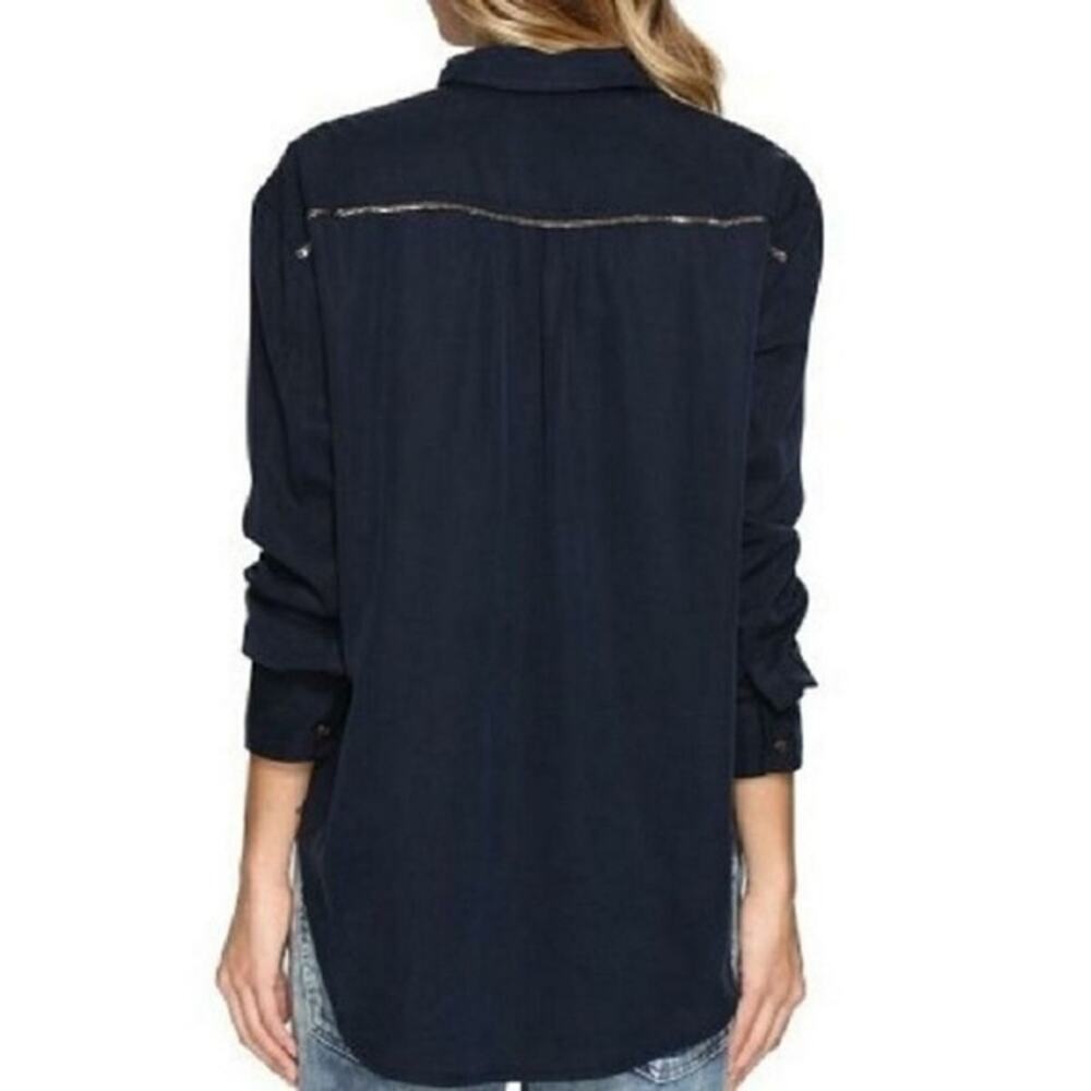 Free People OFF CAMPUS Button Up Shirt Top in Navy Blue Metallic Trim M NWT $108 - Picture 2 of 12